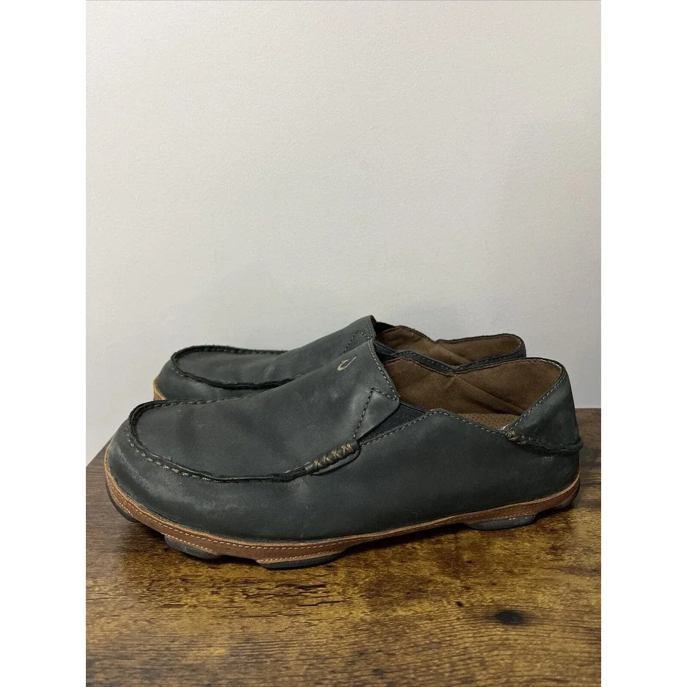 Olukai Mens Moloa Black Toffee Men’s Slip-On Leather‎ Shoes ~ Sz 11.5, 44.5